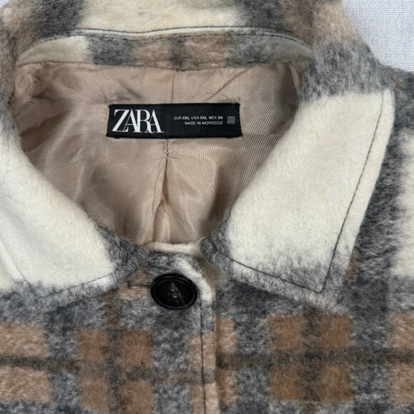 Zara Plaid Wool Blend Overshirt Jacket Brown Cream Button-Down Pockets Size XXL - Picture 11 of 14